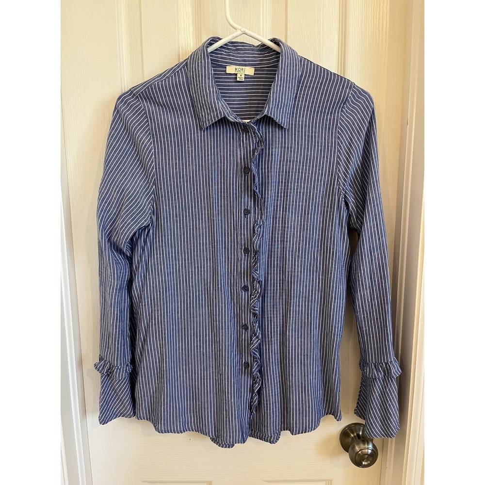 Kori Womens Small Long Sleeve Pinstripe Ruffled Button Down Shirt Lightweight